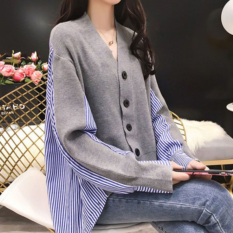 Winter Clothing Korean - 여성 캐주얼 V넥 니트 스플라이스 셔츠,