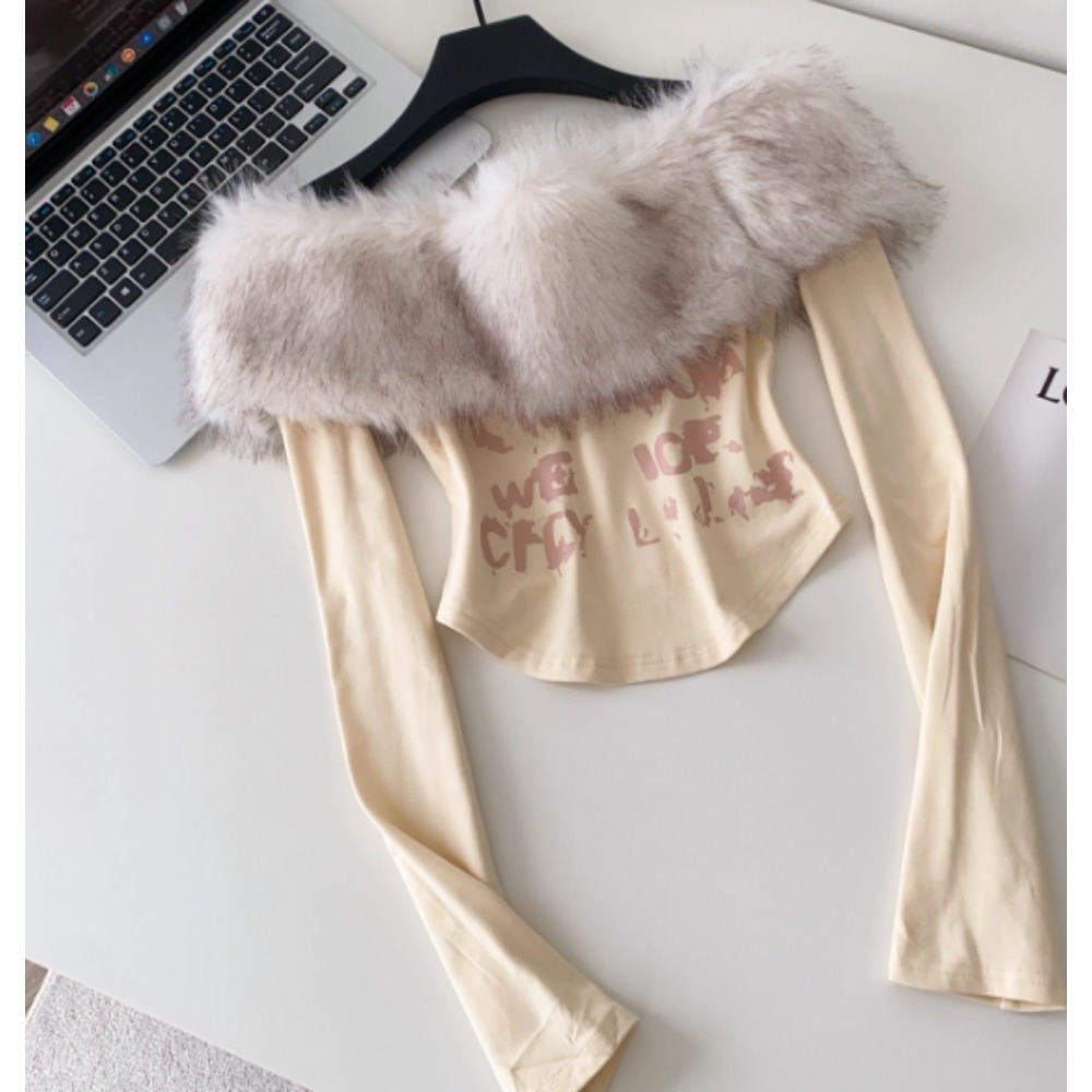 Winter Clothing Korean - 빈티지 긴팔 티셔츠 슬래시 넥 여성