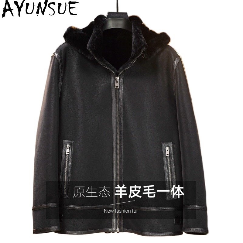 Warm Winter Clothing - AYUNSUE 블랙 리얼 모피 코트 남성