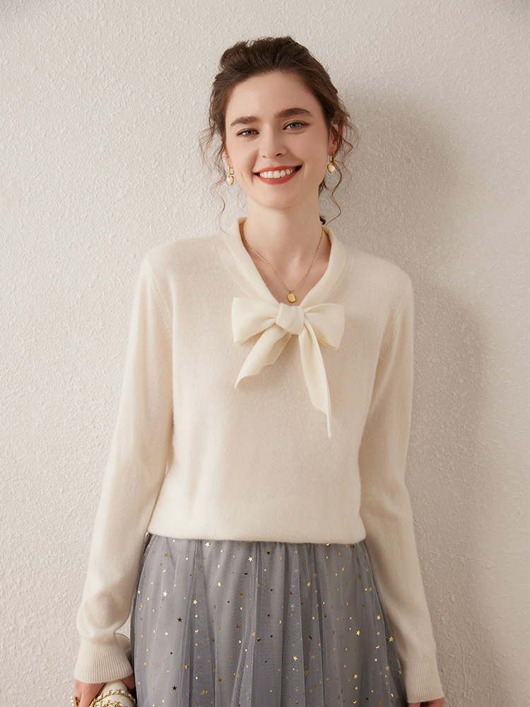 여성 100% 캐시미어 스웨터 리본 v 넥 디자인 풀오 - Winter Clothing In French 리뷰 및 가격