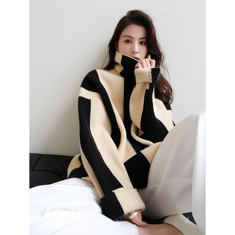 레이지 스타일 스트라이프 배색 루즈핏 풀오버 한국 스타 - Winter Clothing Korean 리뷰 및 가격