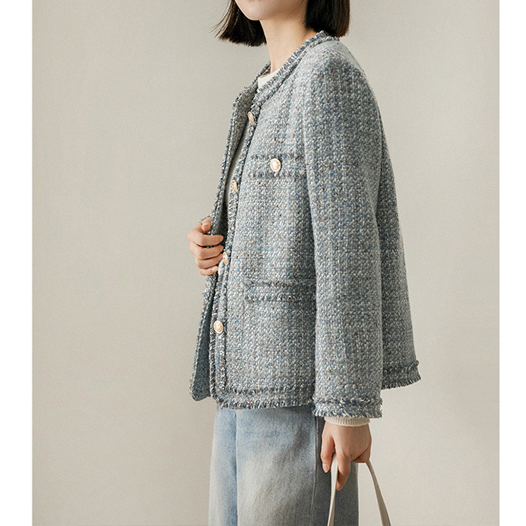 울 하이엔드 프린지 스몰 향기로운 코트, 블루 그레이  - Winter Clothing In French 리뷰 및 가격