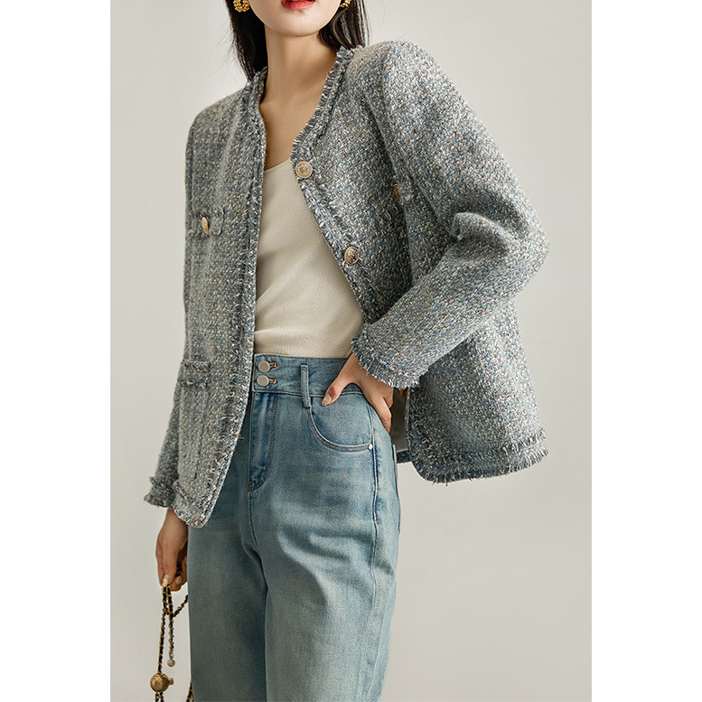 울 하이엔드 프린지 스몰 향기로운 코트, 블루 그레이  - Winter Clothing In French 리뷰 및 가격