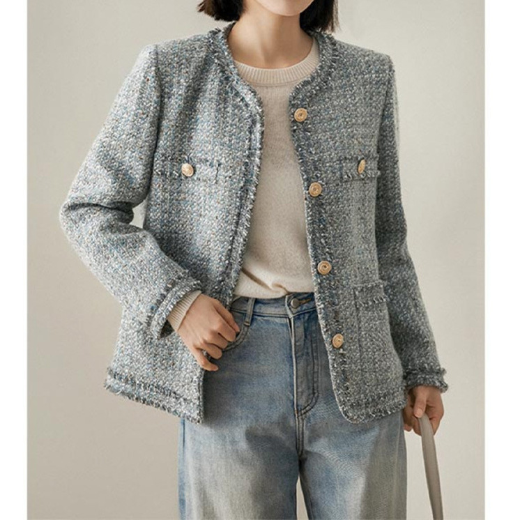 울 하이엔드 프린지 스몰 향기로운 코트, 블루 그레이  - Winter Clothing In French 리뷰 및 가격