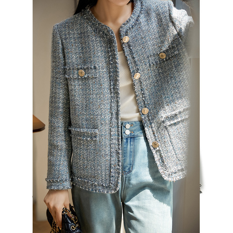 울 하이엔드 프린지 스몰 향기로운 코트, 블루 그레이  - Winter Clothing In French 리뷰 및 가격